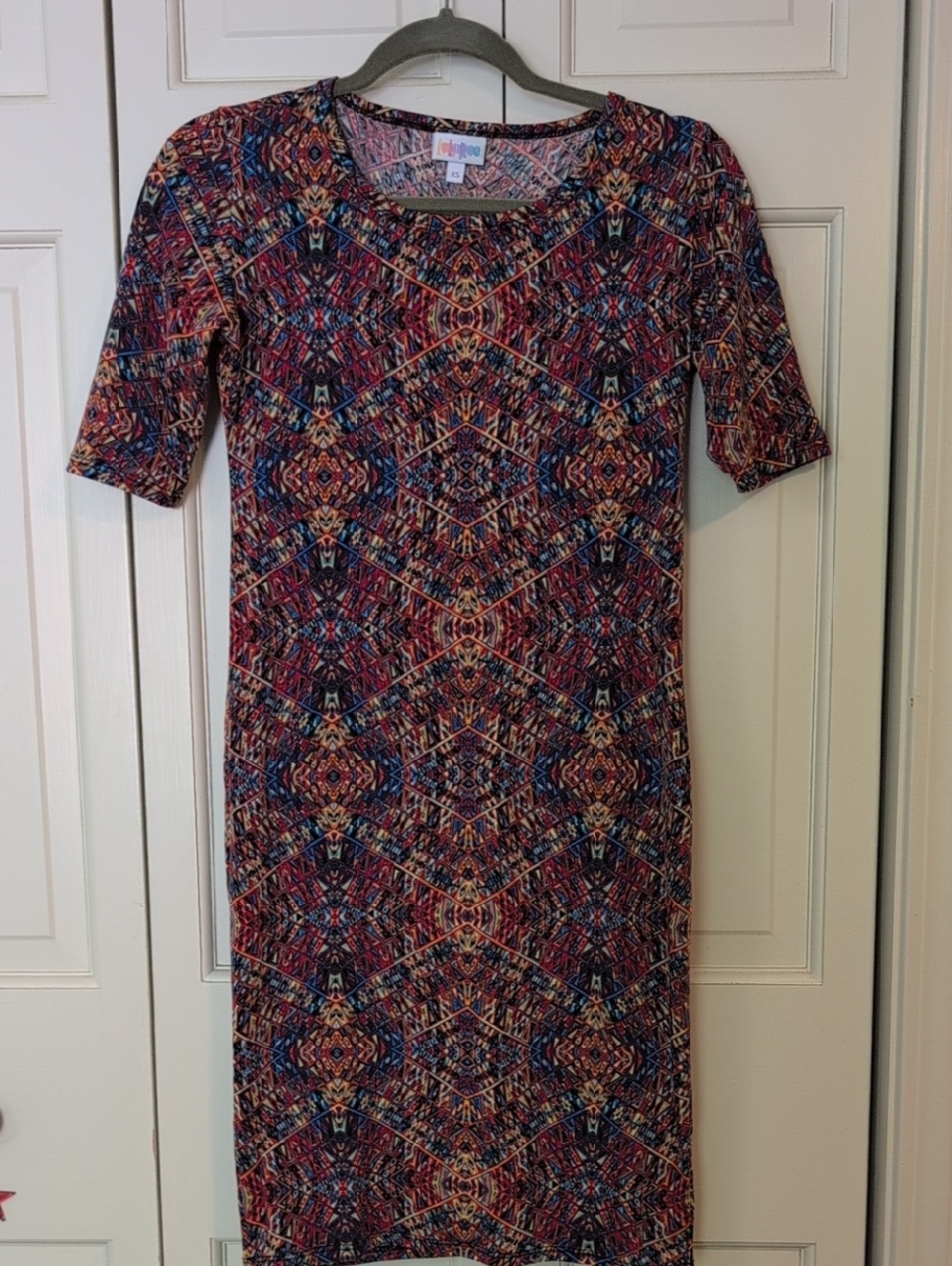 LuLaRoe Multicolor Geometric Midi Dress in Blue, Red and Yellow